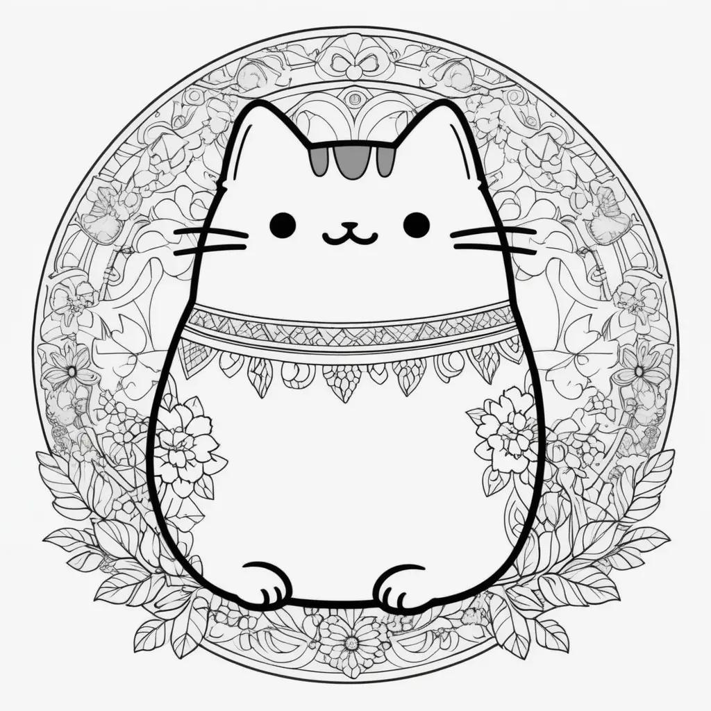 Cute Pusheen cat coloring pages with flowers