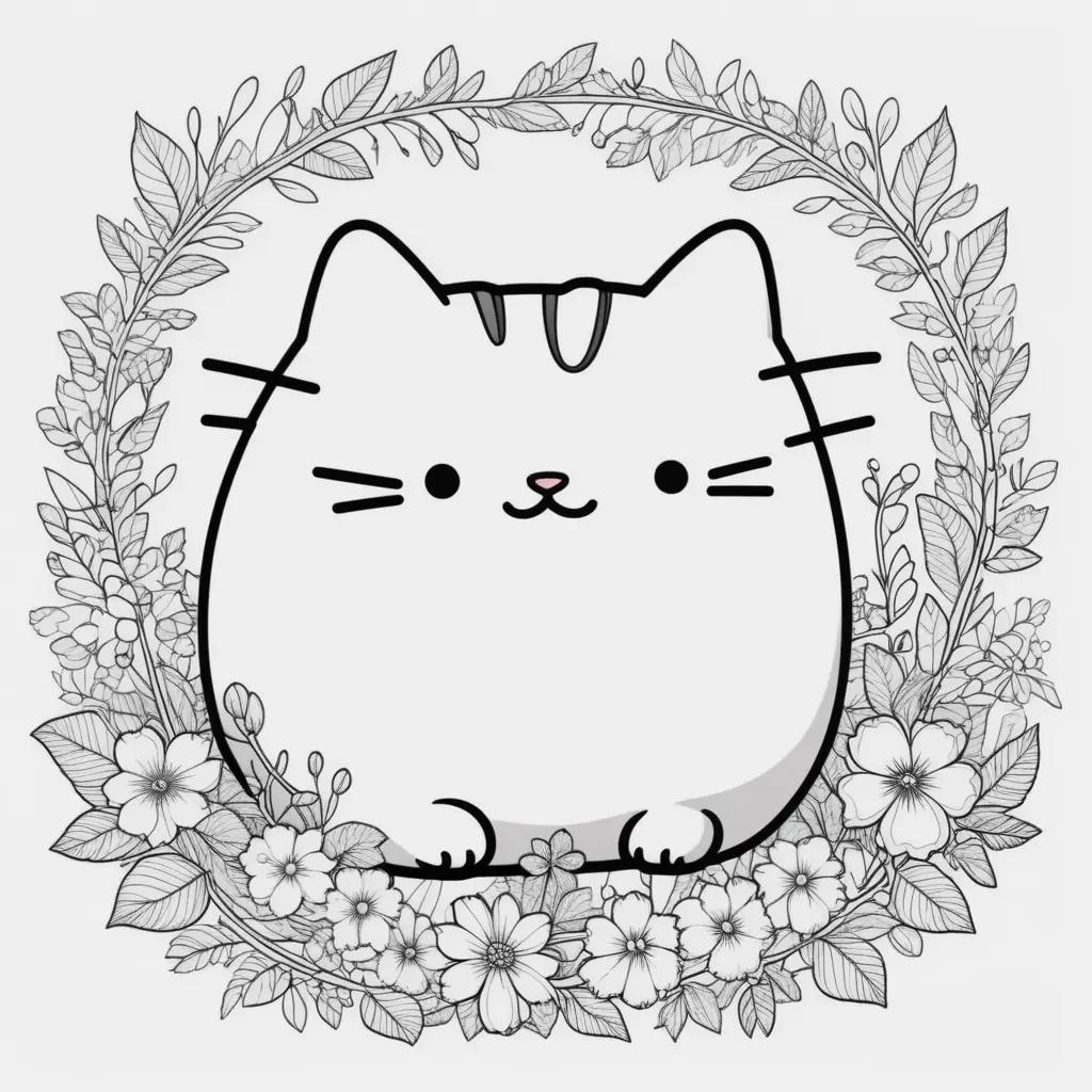 Cute Pusheen coloring pages with flower wreath