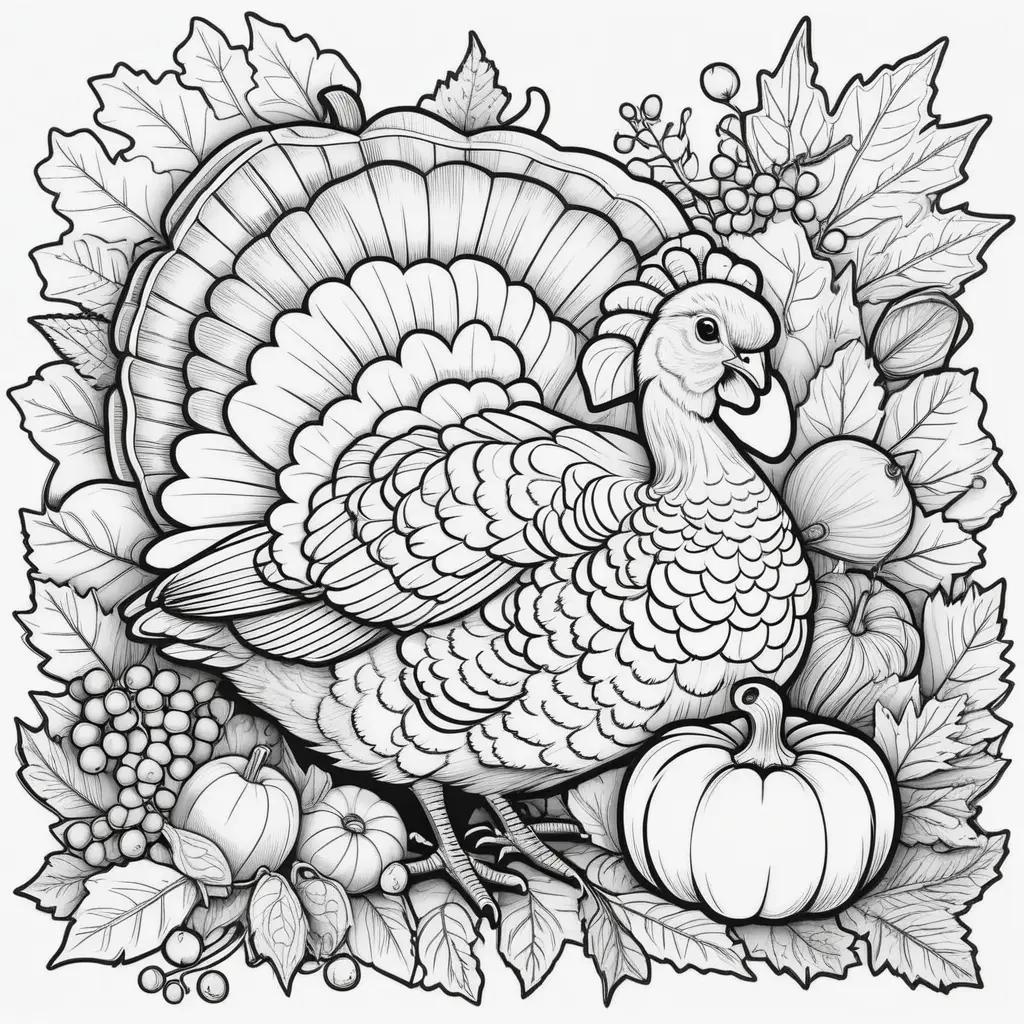Cute Thanksgiving Coloring Pages with Turkey and Leaves