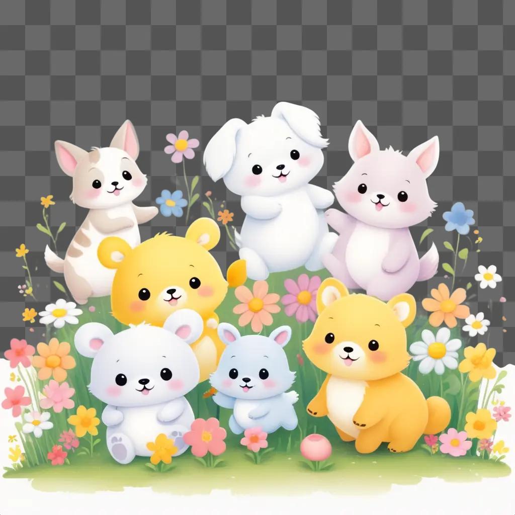 Cute animals in a field of flowers