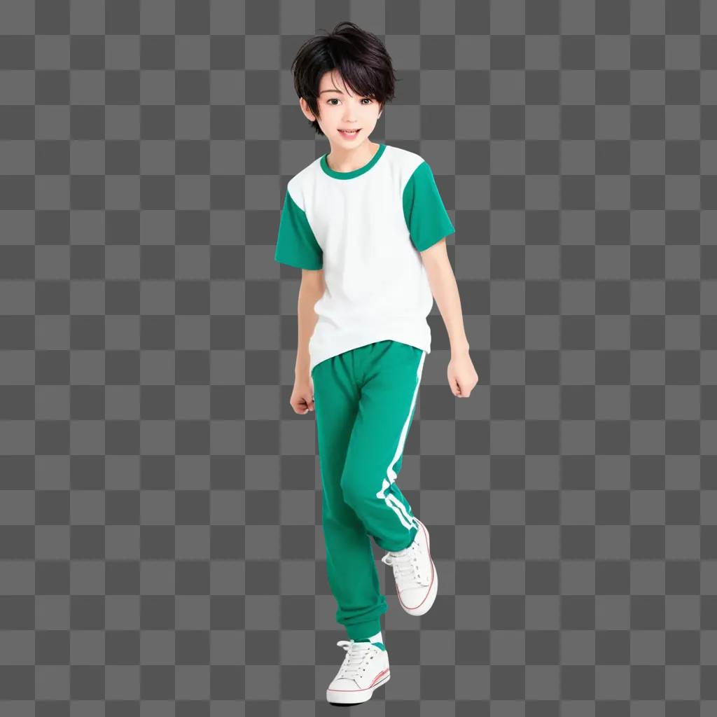 Cute anime boy in green pants and white shirt