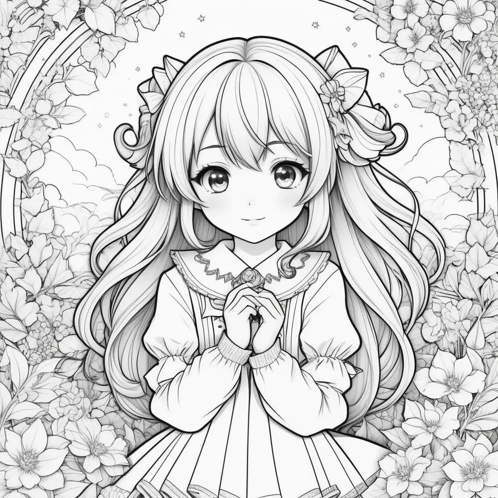 Cute anime coloring pages: girl in white dress with flowers