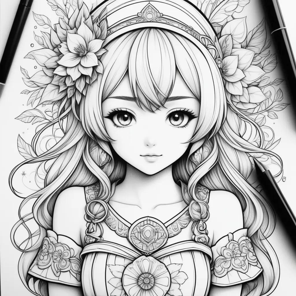 Cute anime coloring pages with black and white drawing of a girl