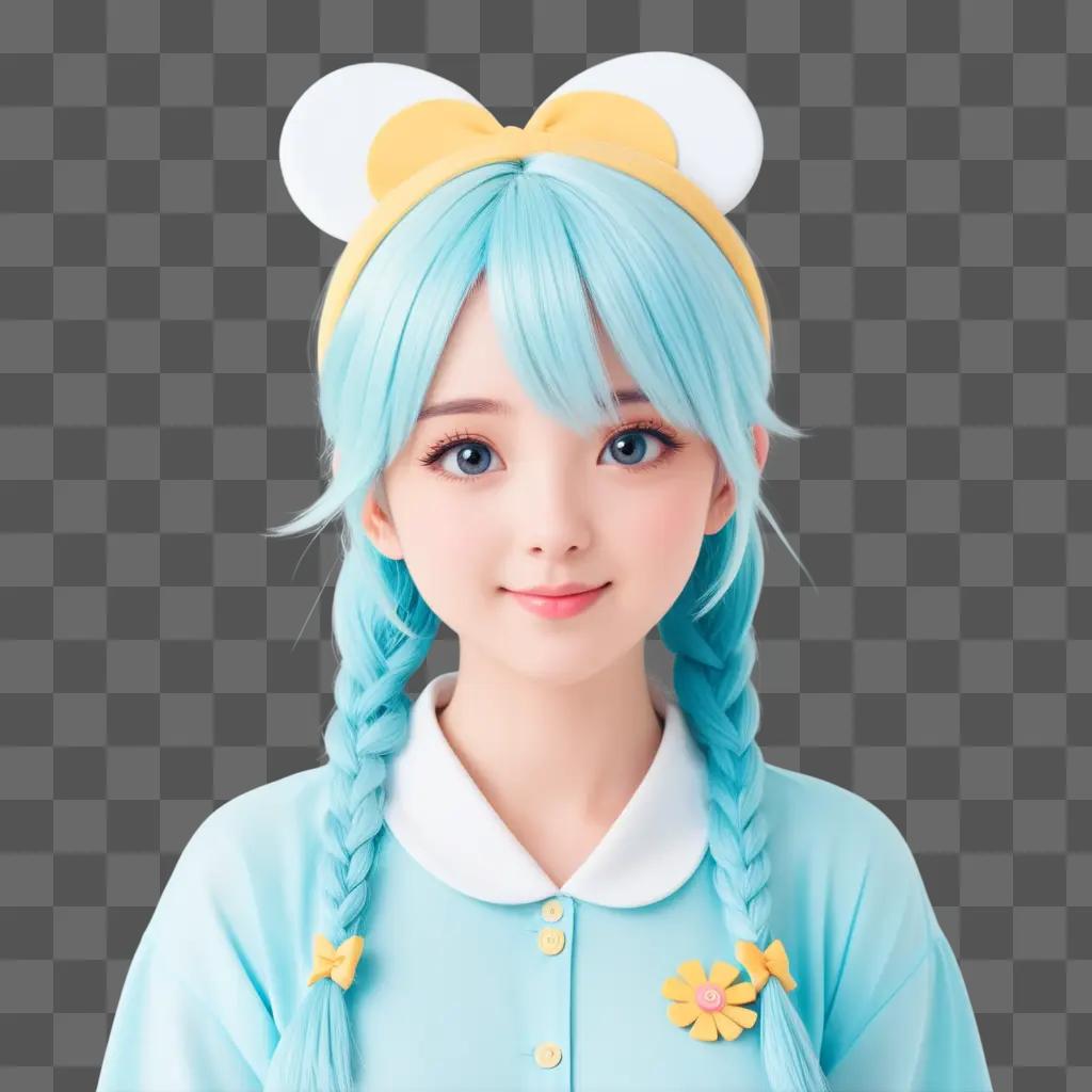 Cute anime girl with blue hair and yellow bow