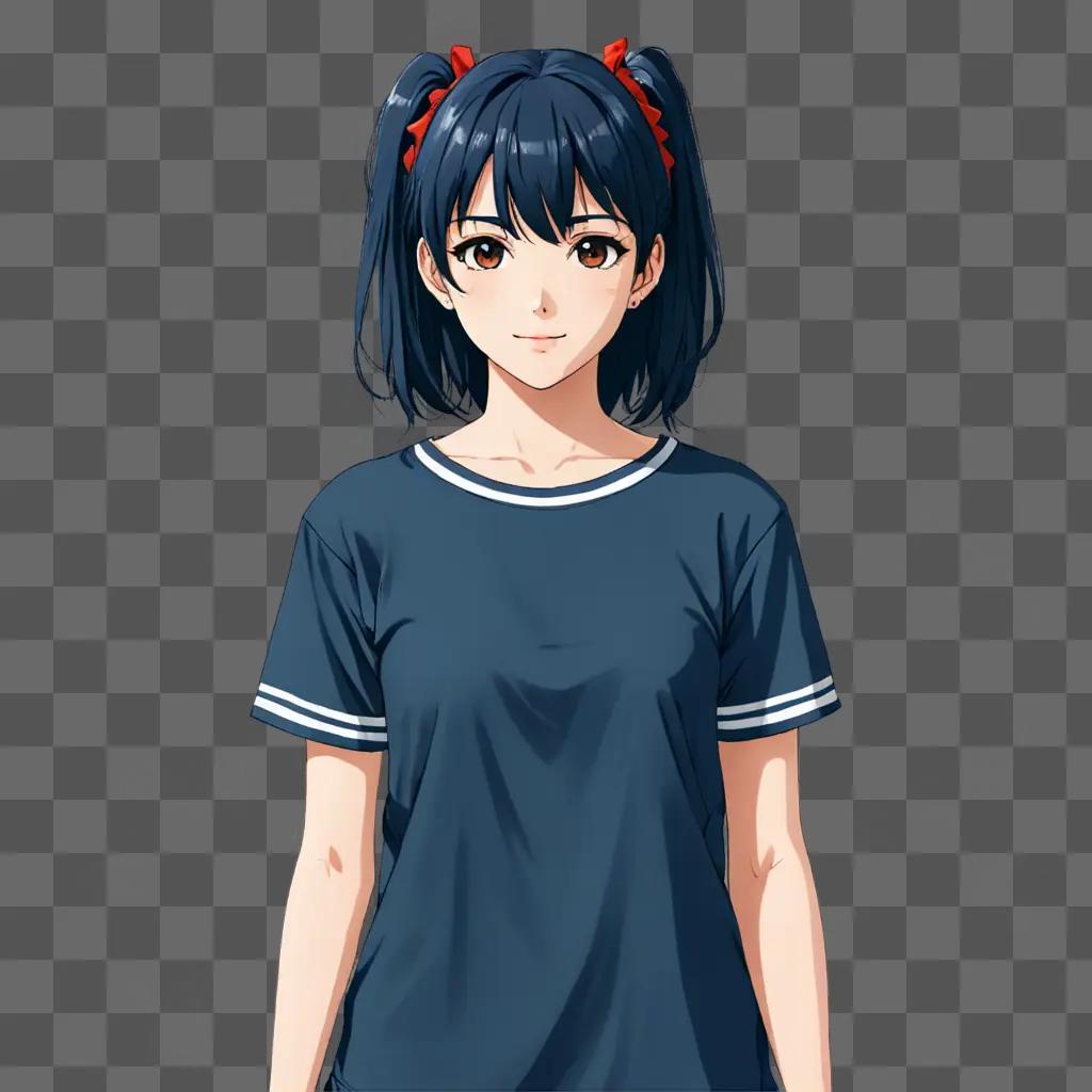 Cute anime girl with red hair and blue shirt