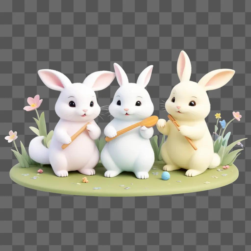 Cute bunny trio with wooden spoons