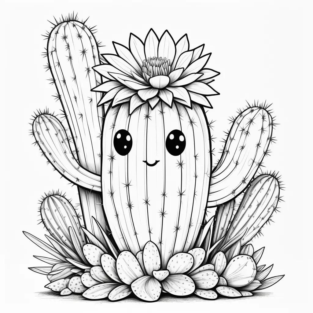 Cute cactus coloring page with smiling face and flowers