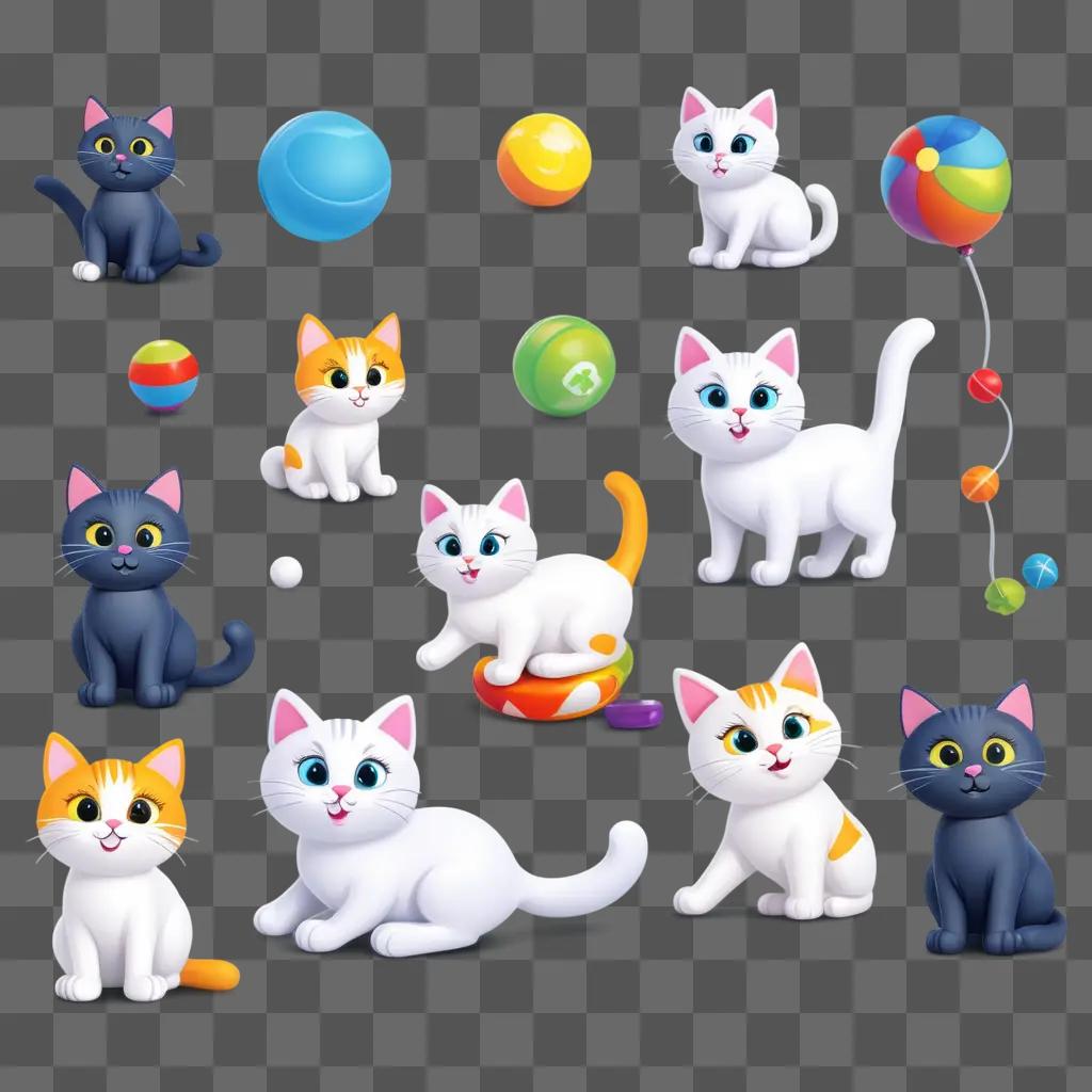 Cute cartoon cats play with colorful toys and balloons