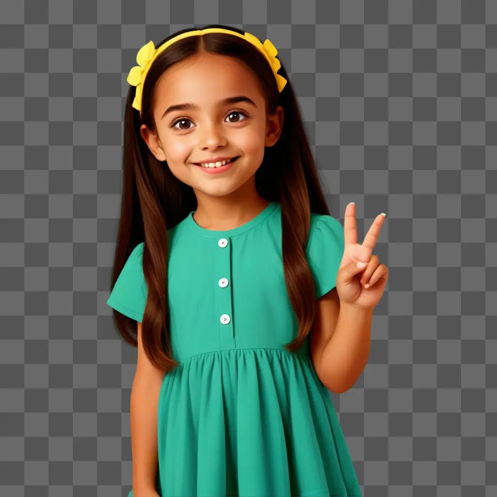 Cute cartoon girl in green dress poses with peace sign