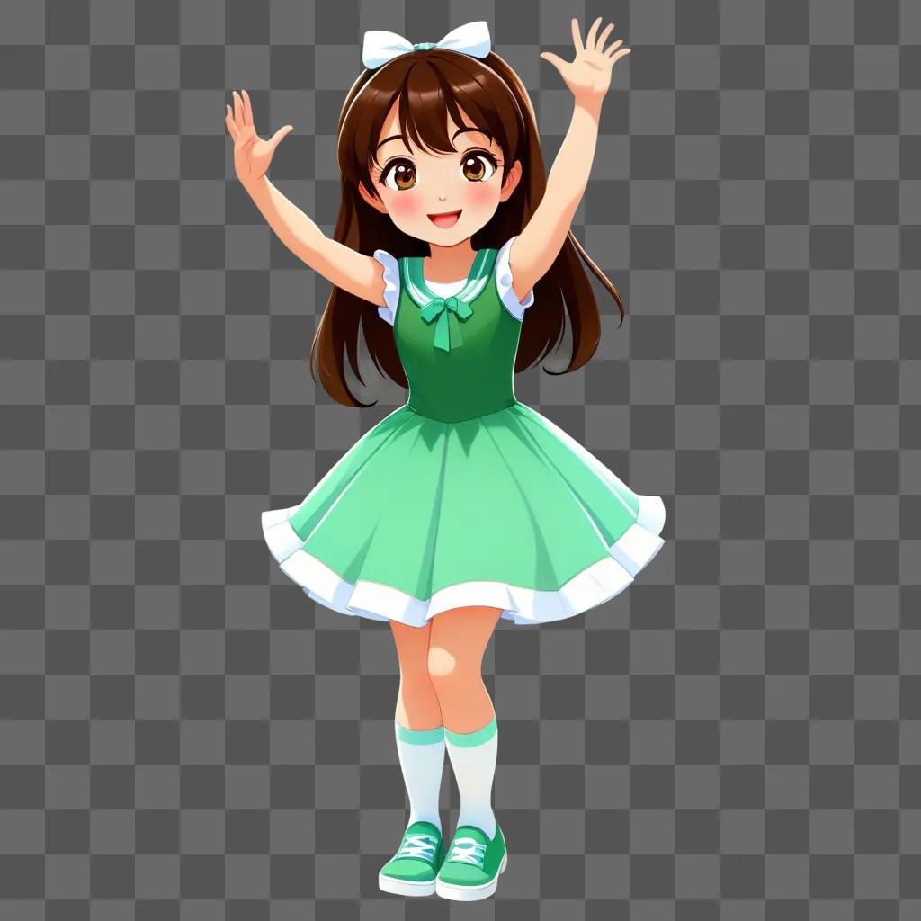 Cute cartoon girl poses with green outfit and bow