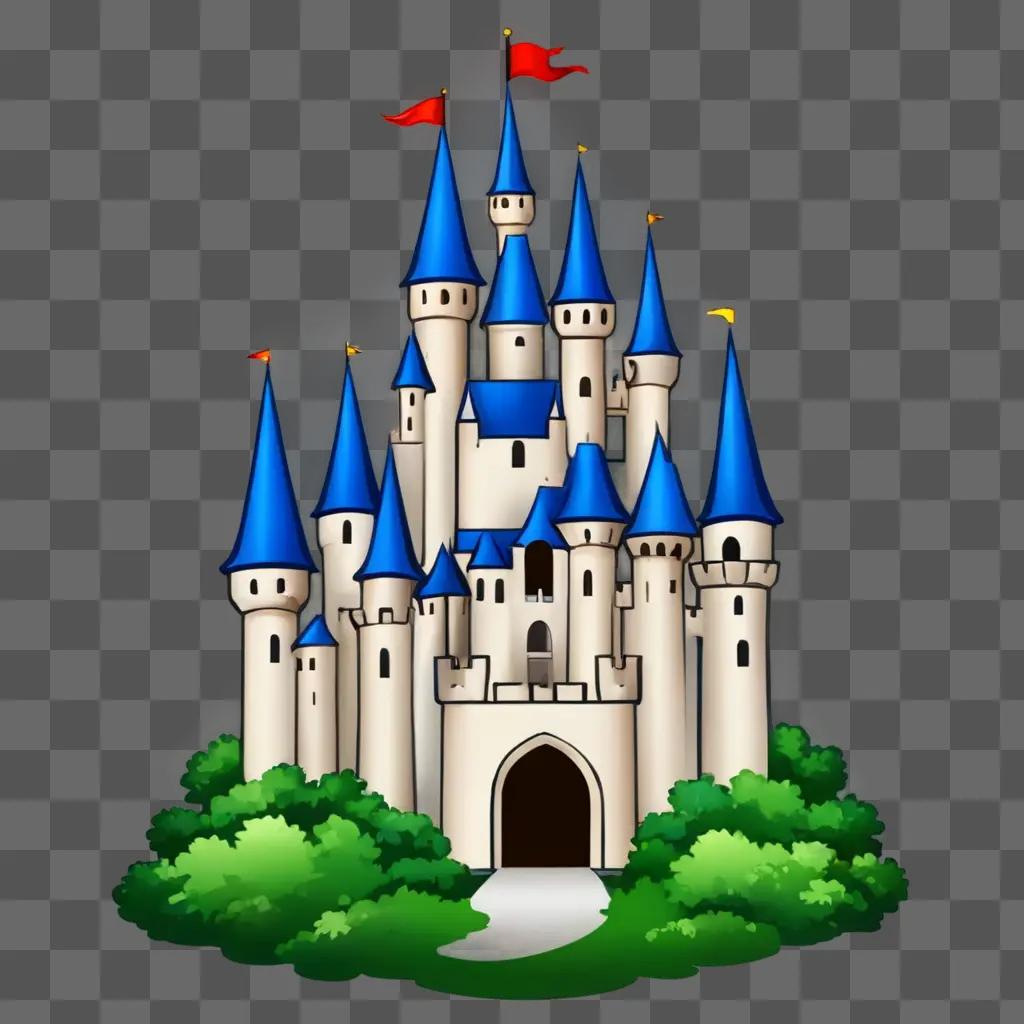 Cute castle drawing with blue flags and trees