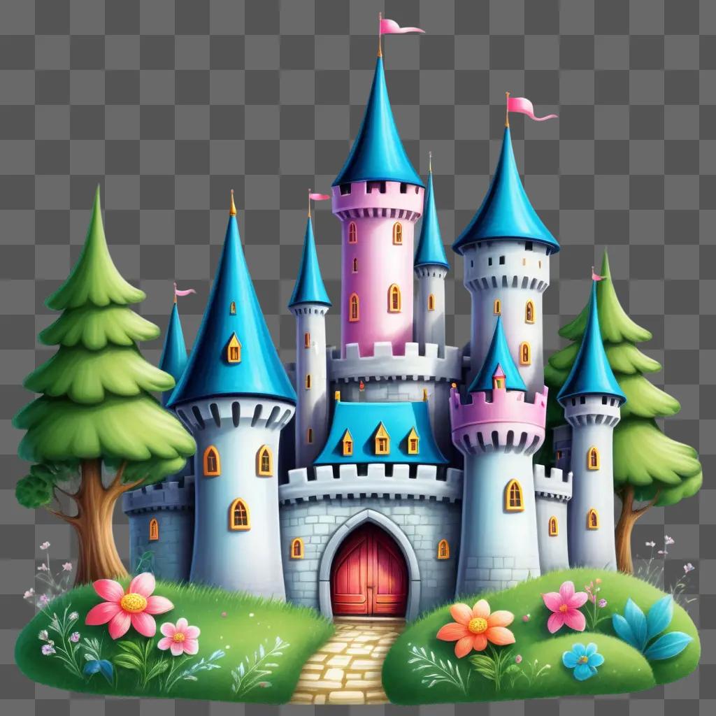 Cute castle drawing with pink and blue color