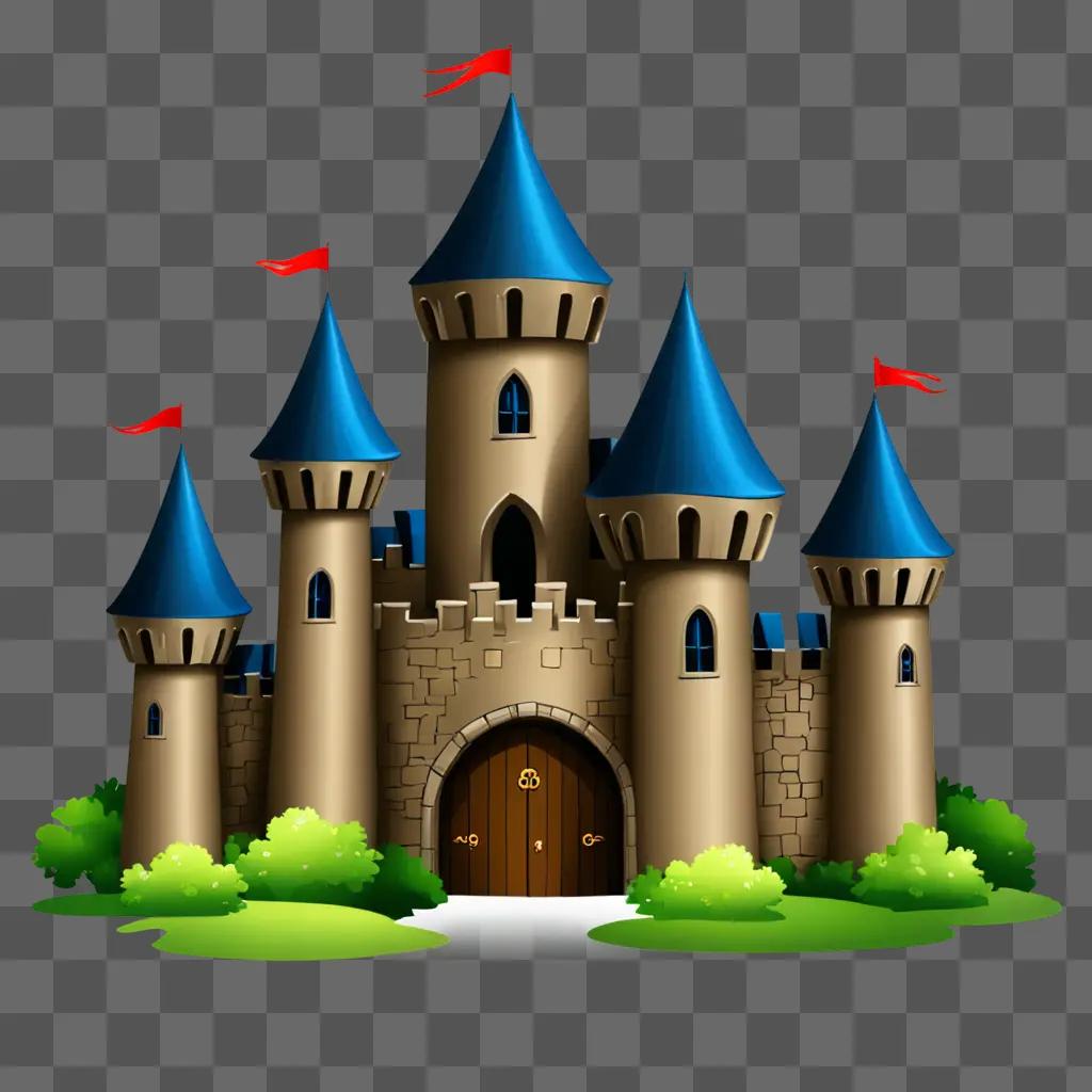 Cute castle drawing with red and blue flags