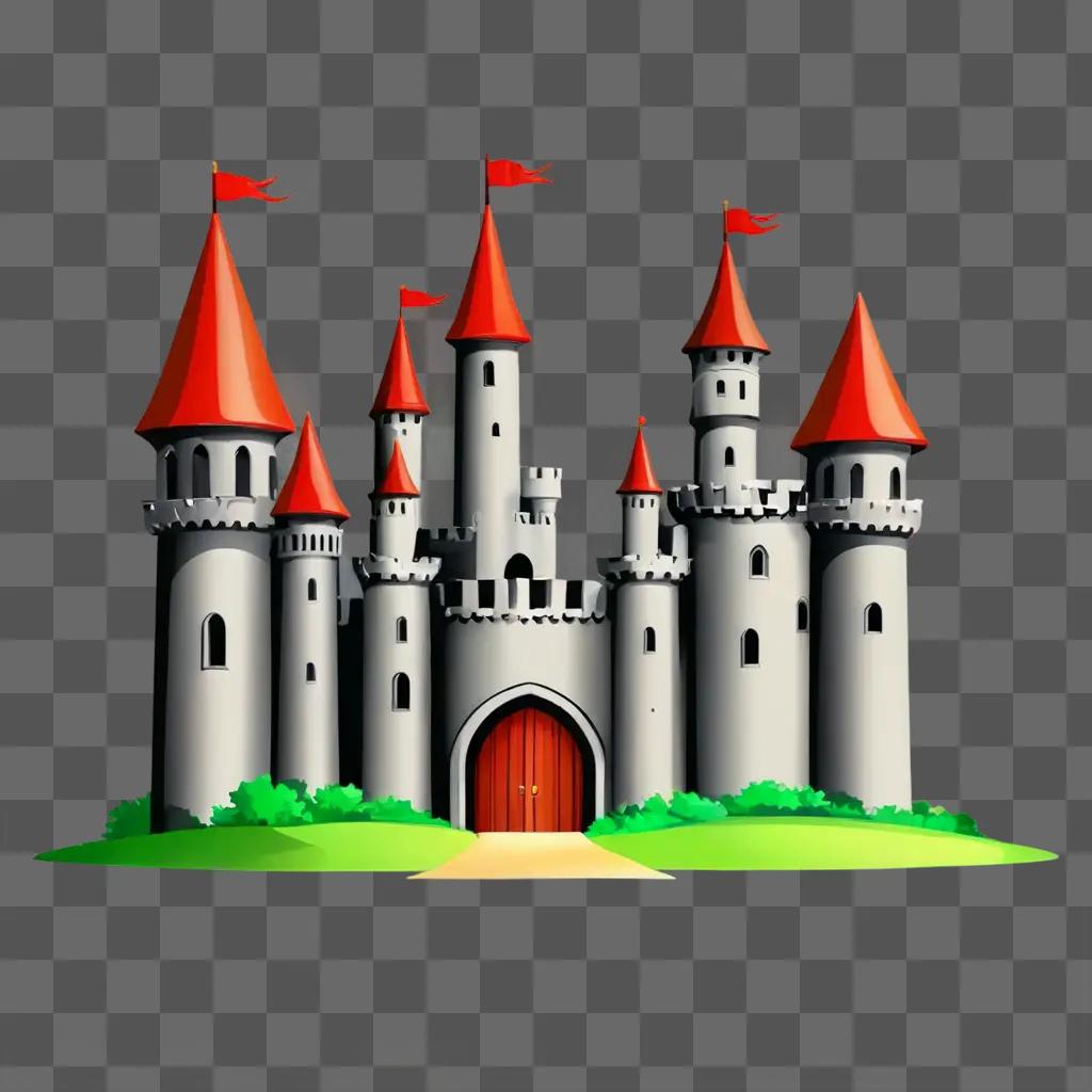 Cute castle drawing with red roofs and flags