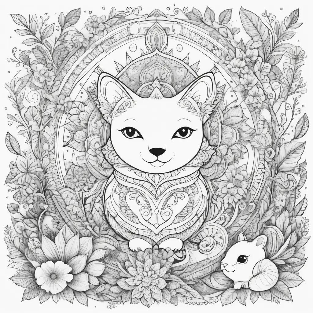 Cute cat and mouse coloring page in black and white