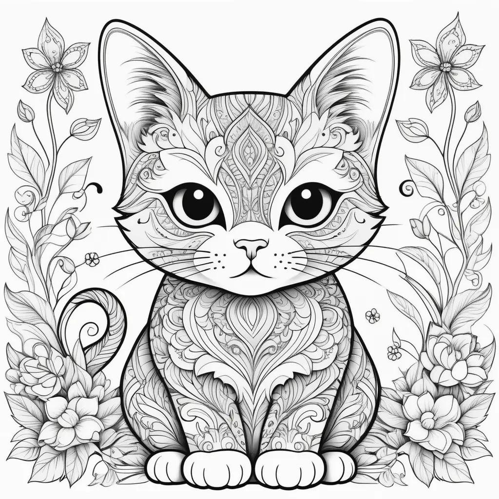 Cute cat coloring pages featuring a black and white kitten sitting on a flower bed