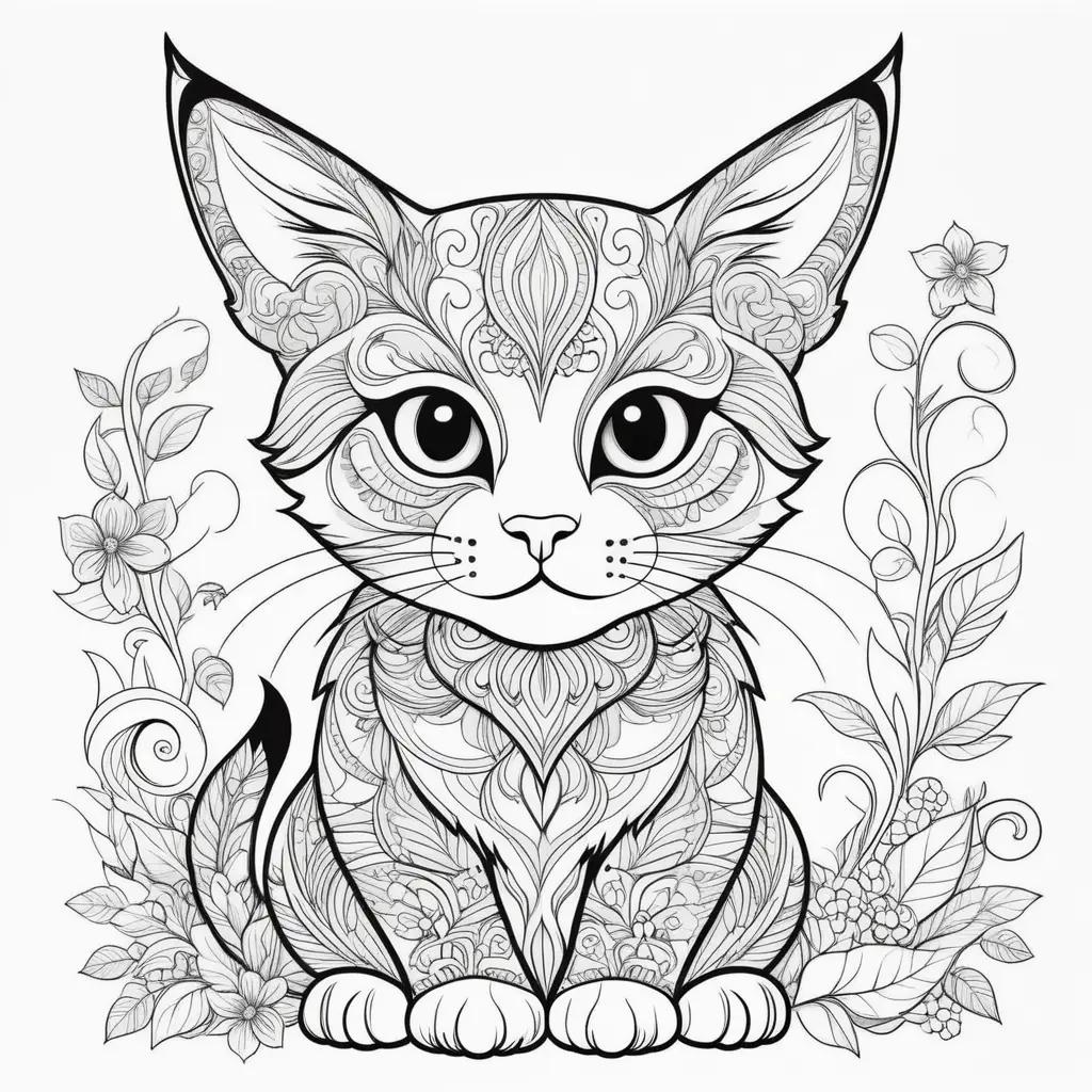 Cute cat coloring pages with flowers and leaves