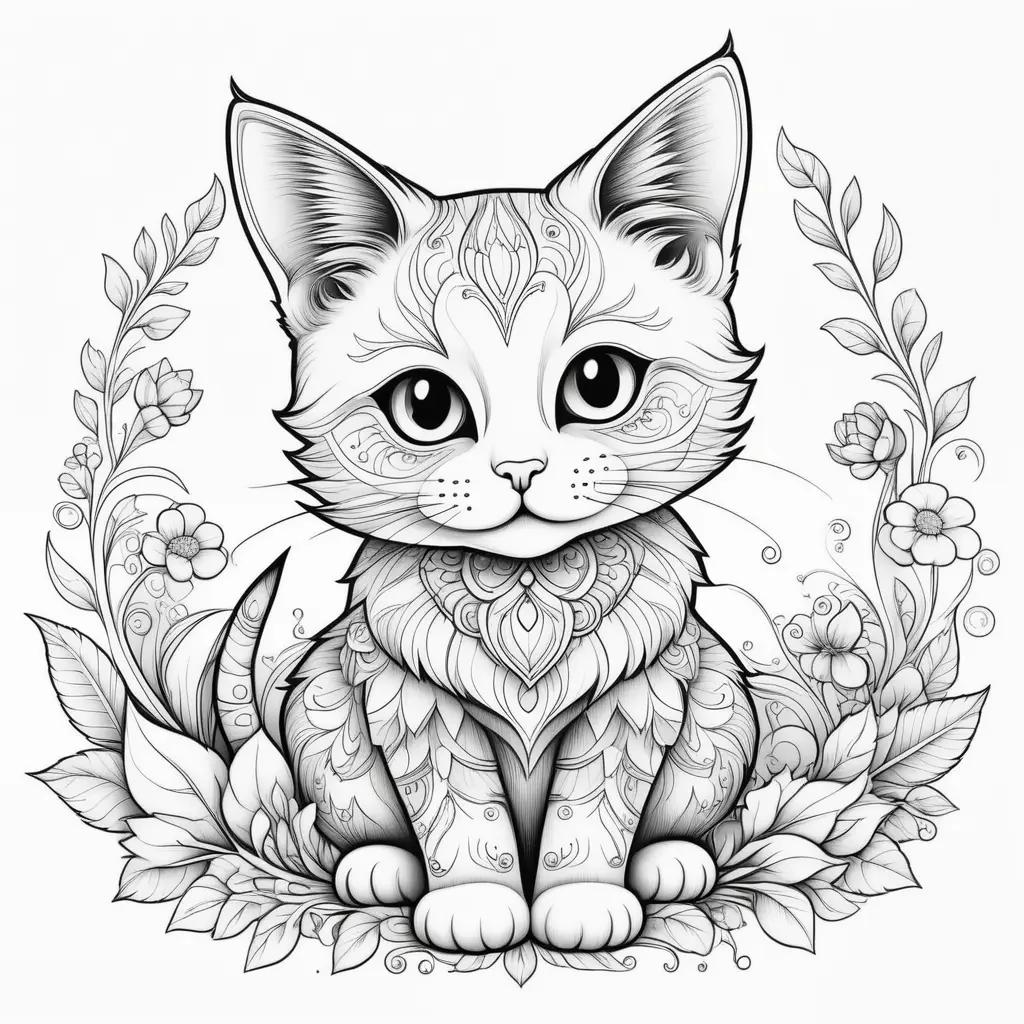 Cute cat coloring pages with flowers and leaves