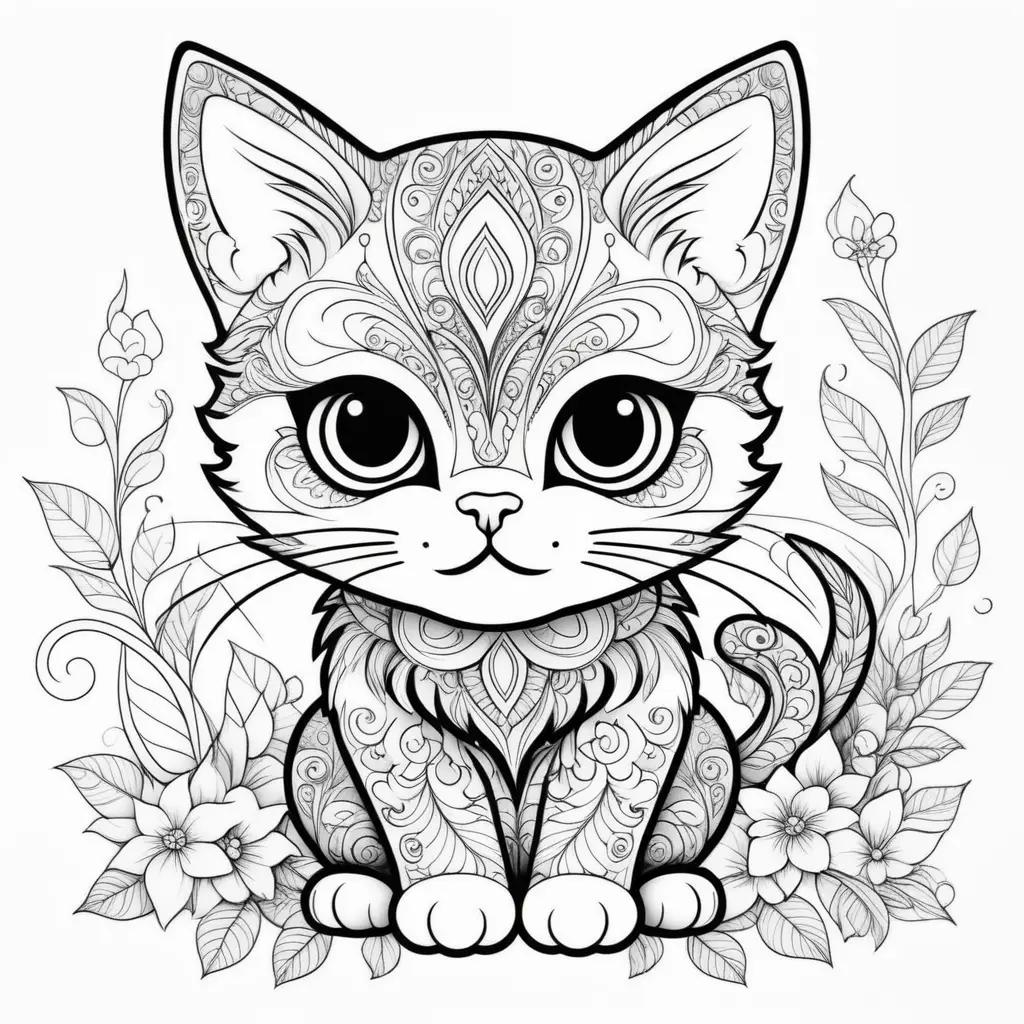 Cute cat coloring pages with intricate designs and floral background