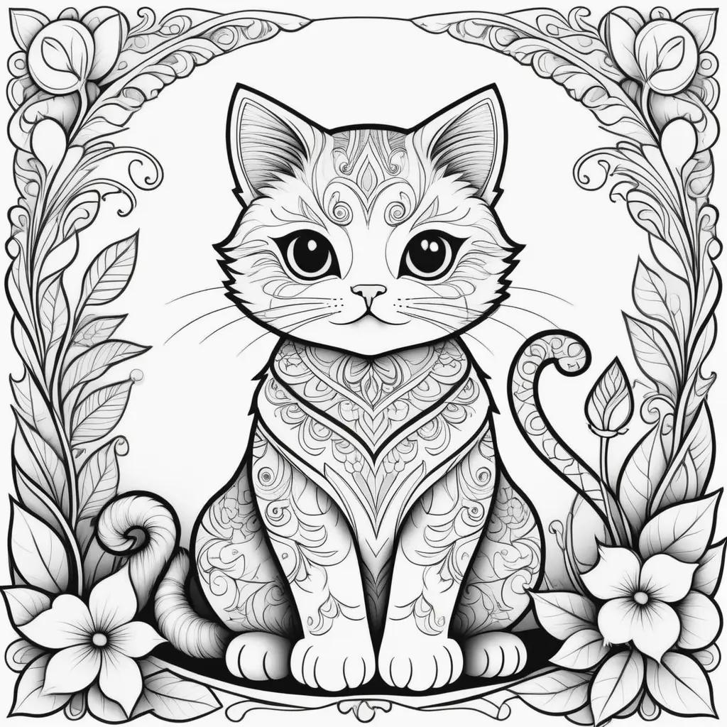 Cute cat coloring pages with ornate border