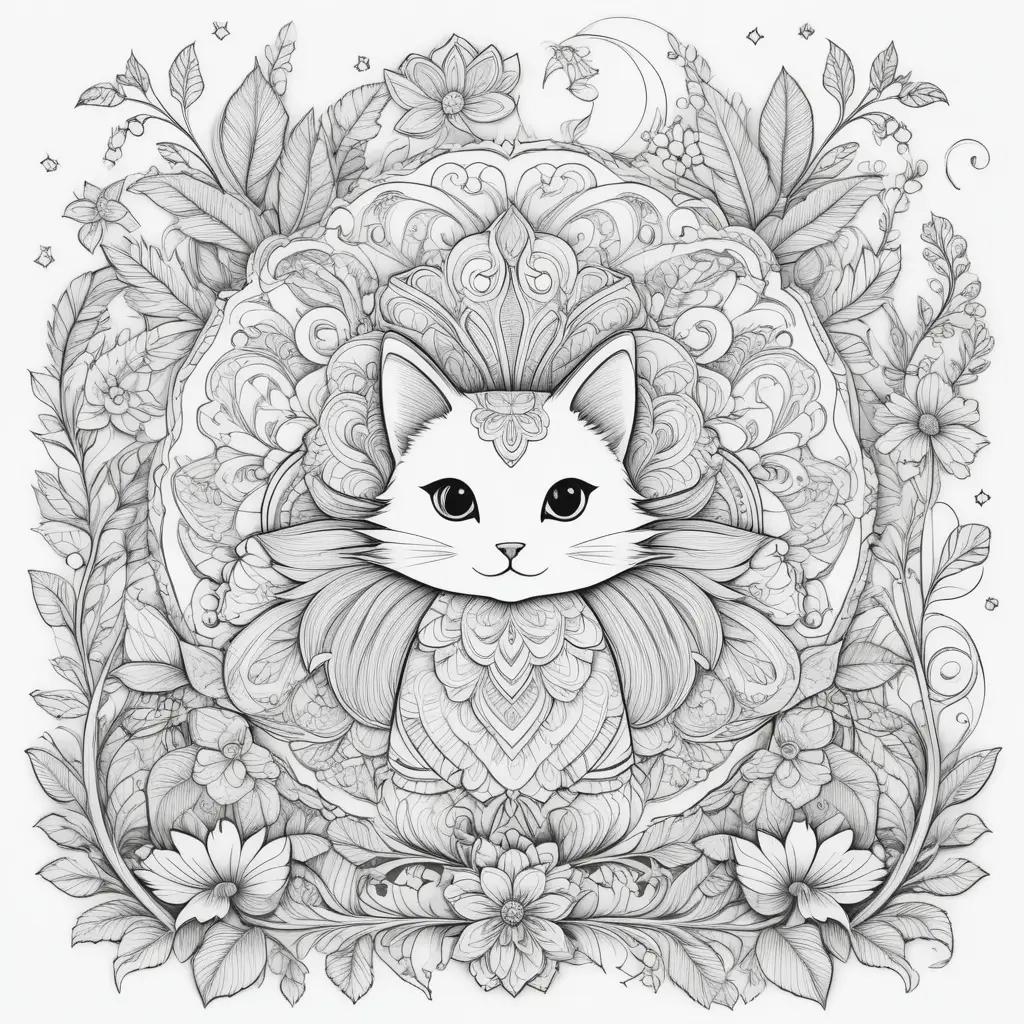 Cute cat in fancy design on black and white coloring pages