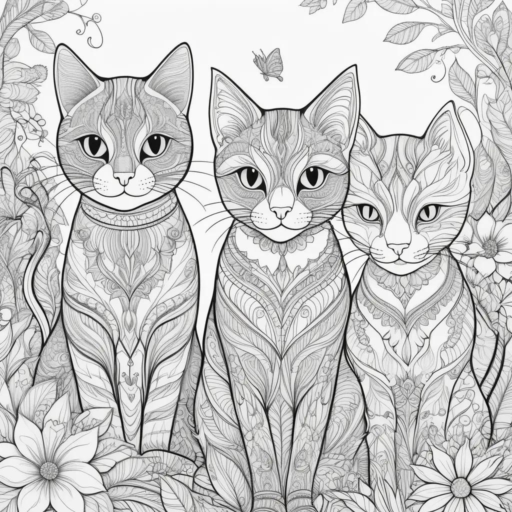 Cute cats coloring pages with beautiful flowers