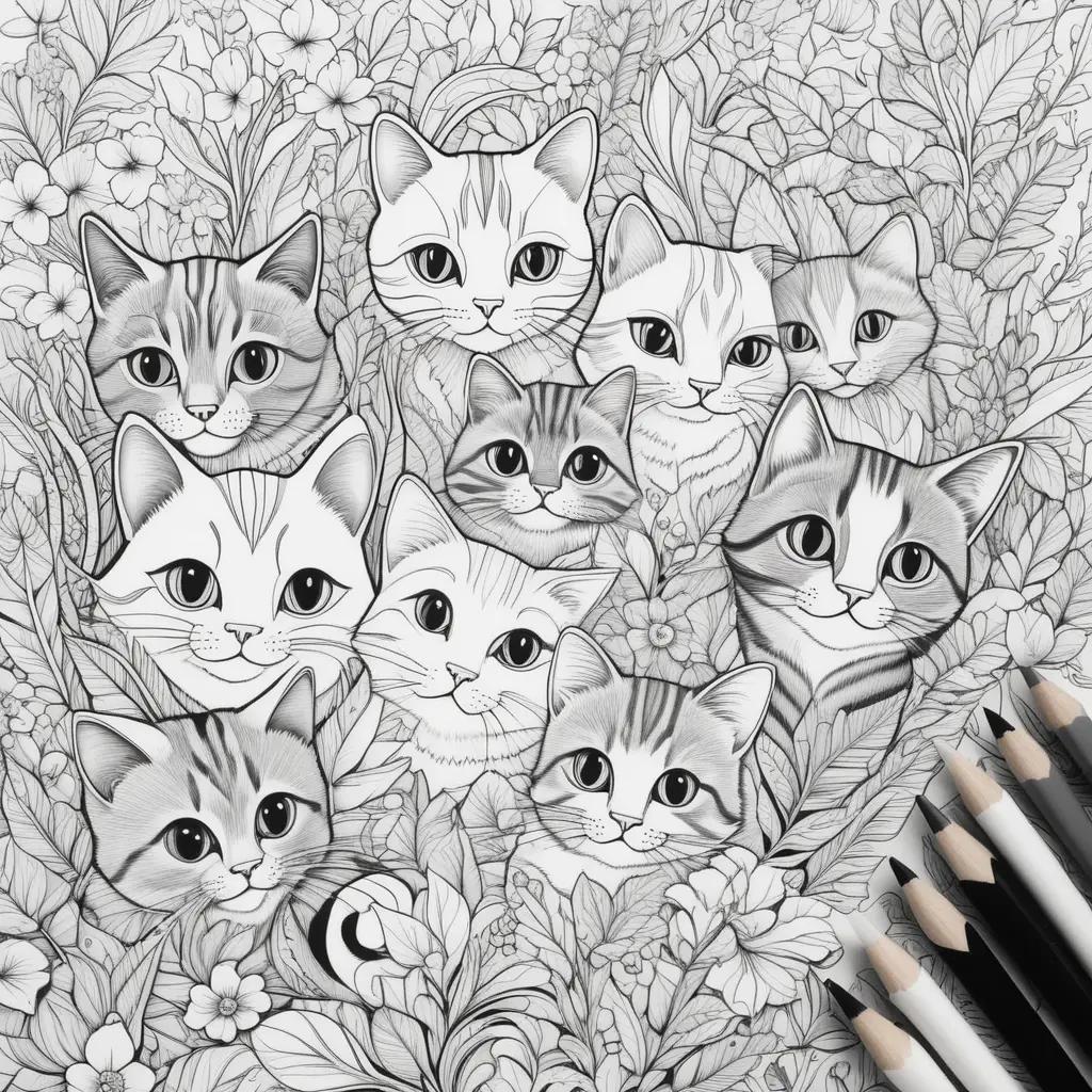 Cute cats coloring pages with pencils