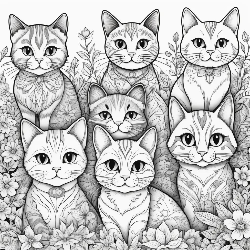 Cute cats in a field with flowers on coloring pages