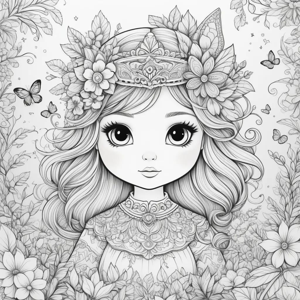 Cute color pages featuring a beautiful young girl with a crown and a bouquet of flowers