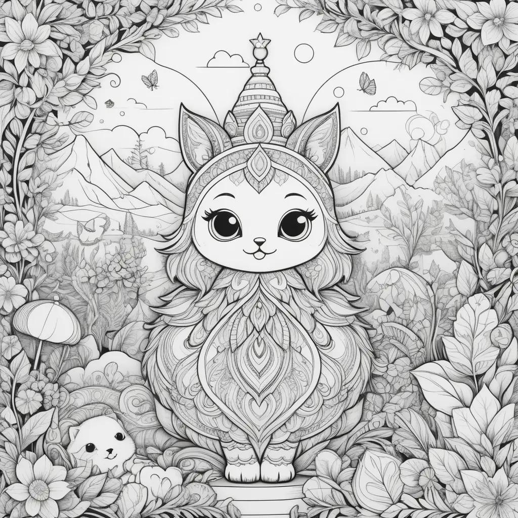 Cute coloring page of a cat in a forest with mushrooms and flowers