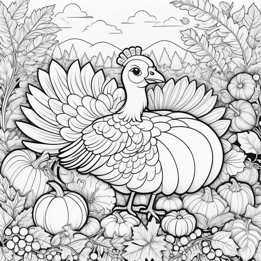 Cute coloring page of a turkey in a Thanksgiving setting