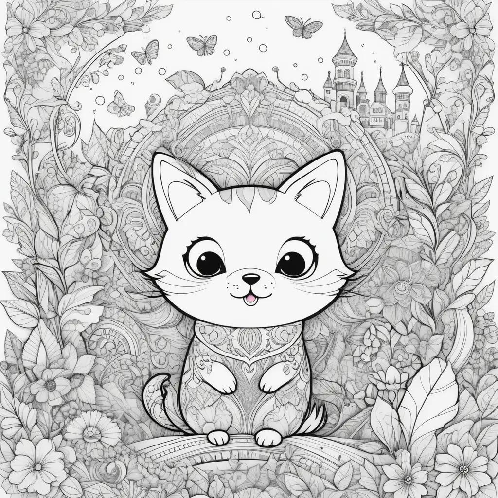 Cute coloring page with a cat and a castle