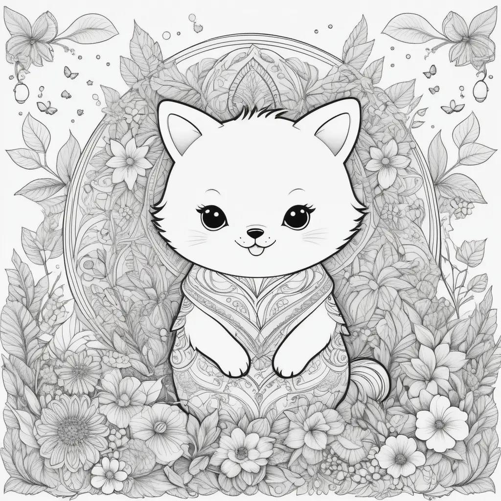 Cute coloring pages for adults featuring a cat and flowers