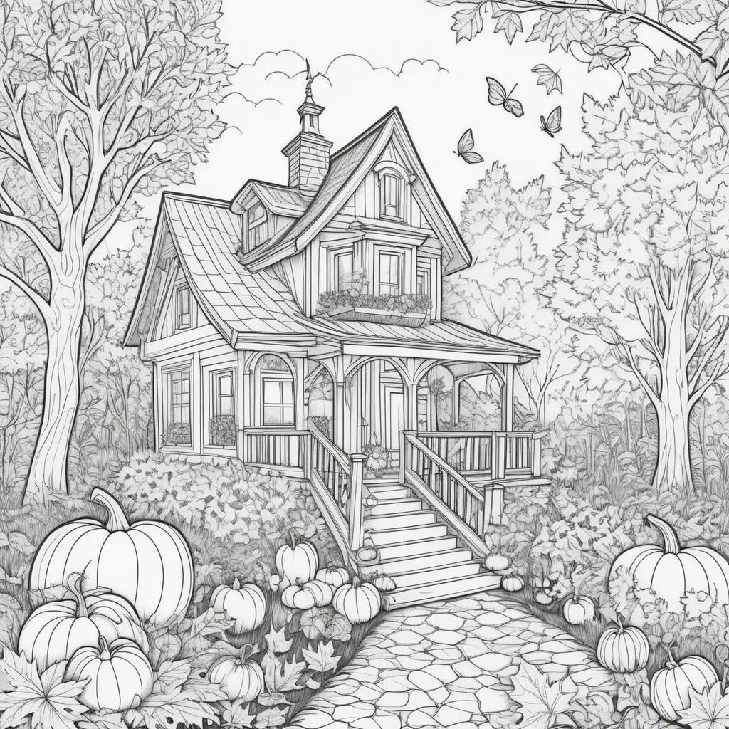 Cute coloring pages of a cute fall house and pumpkins