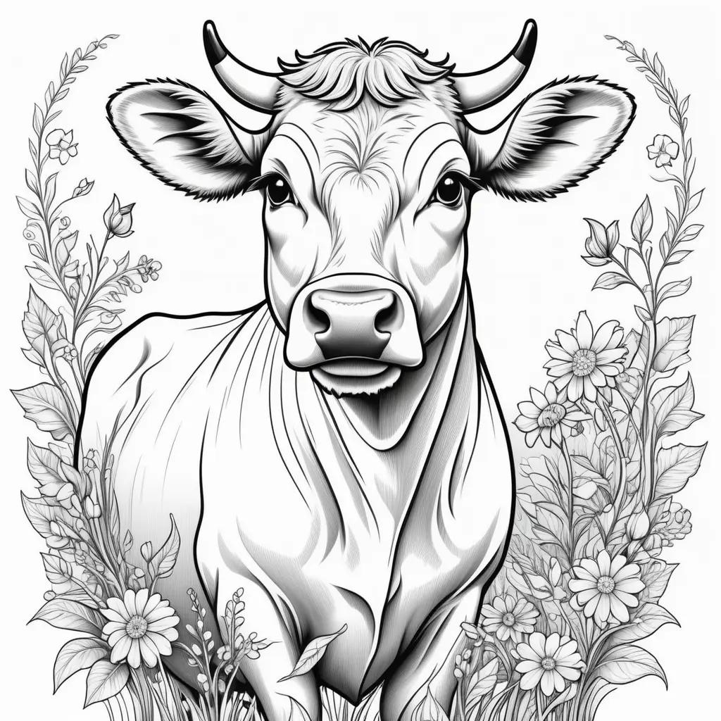 Cute cow coloring page with flowers and leaves