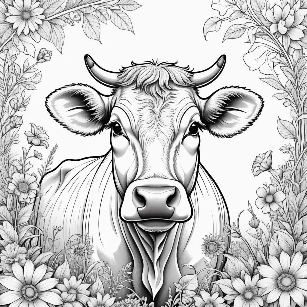 Cute cow coloring pages with flowers and leaves