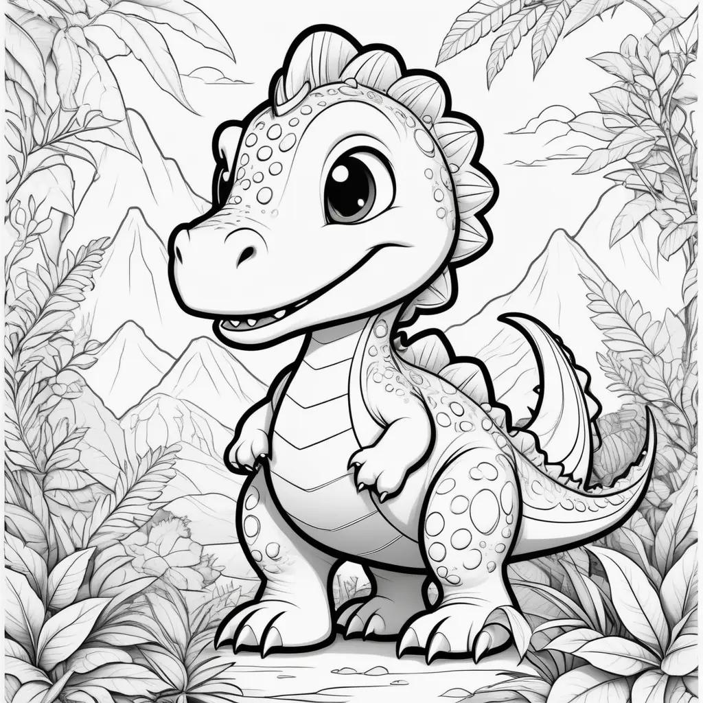 Cute dinosaur coloring pages: A baby dragon in a jungle scene