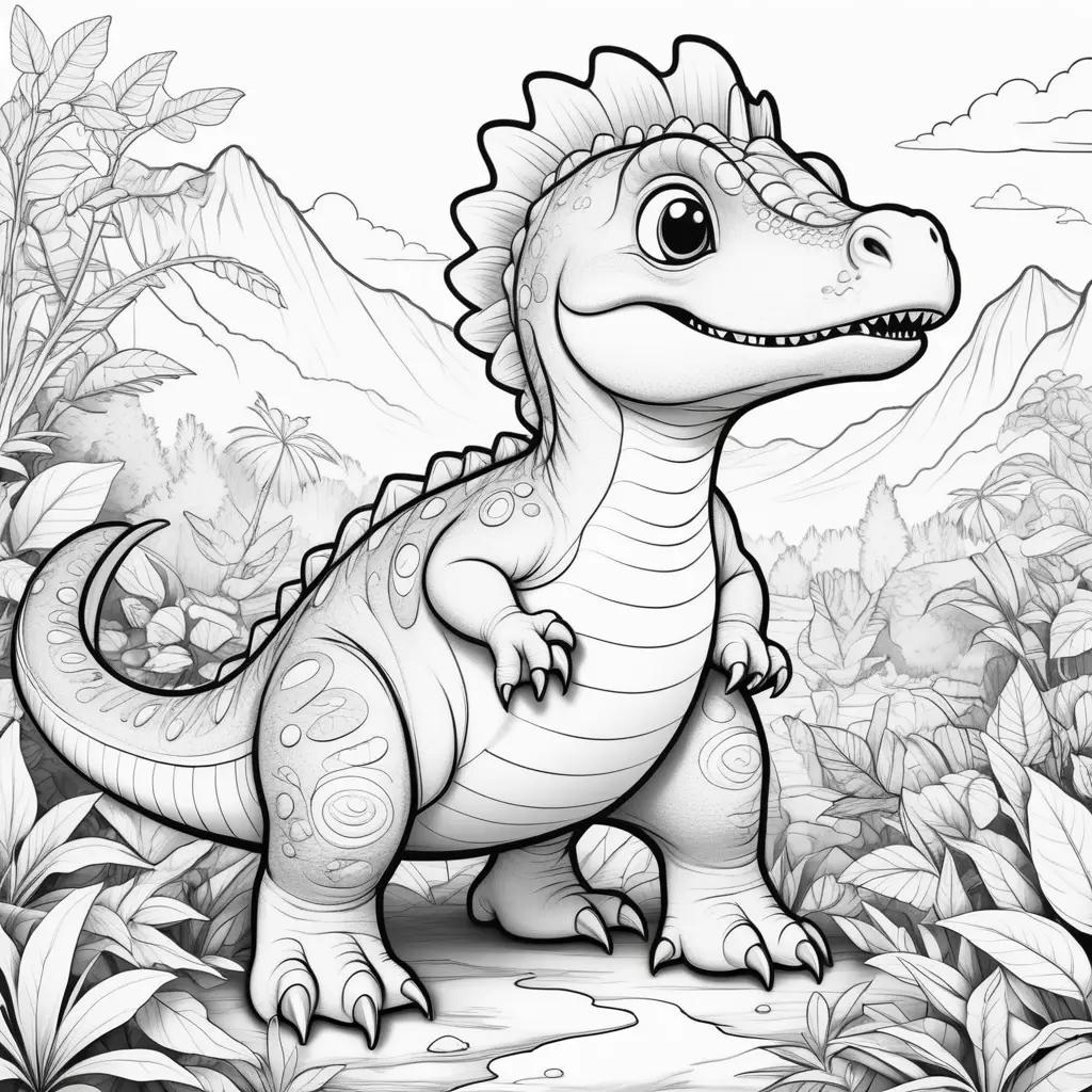 Cute dinosaur coloring pages, jungle scene, with smiling face and big eyes