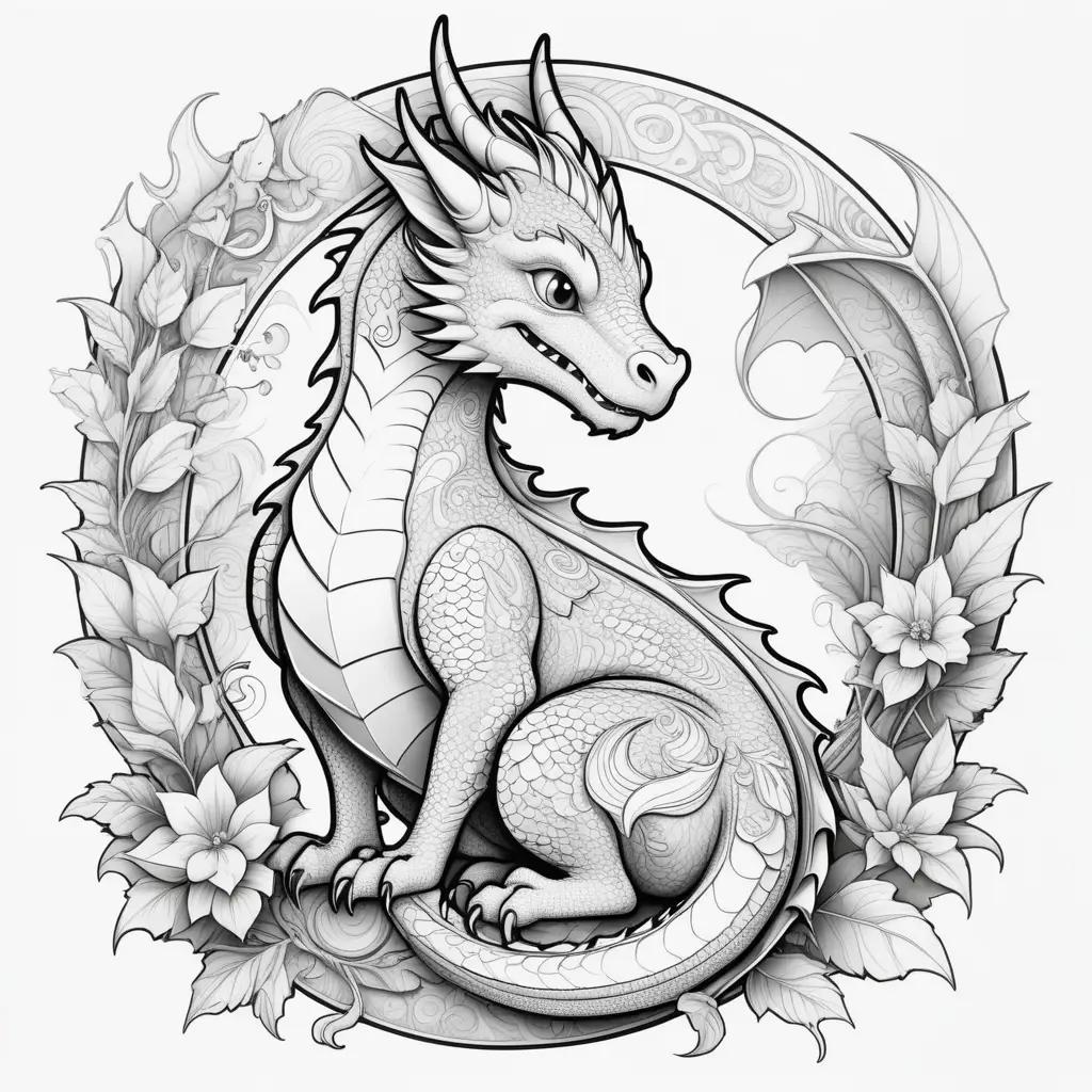 Cute dragon coloring pages with leaves and flowers