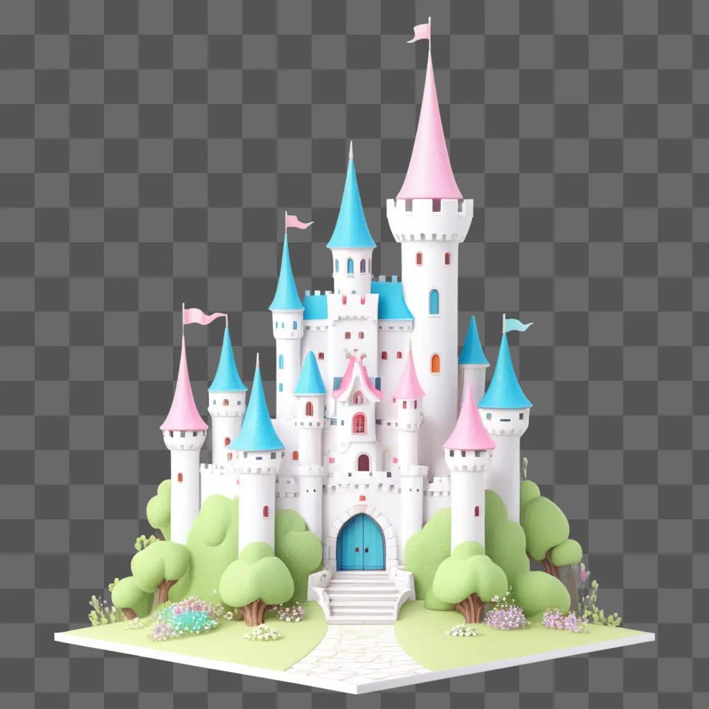 Cute drawing of a kawaii castle on a green background