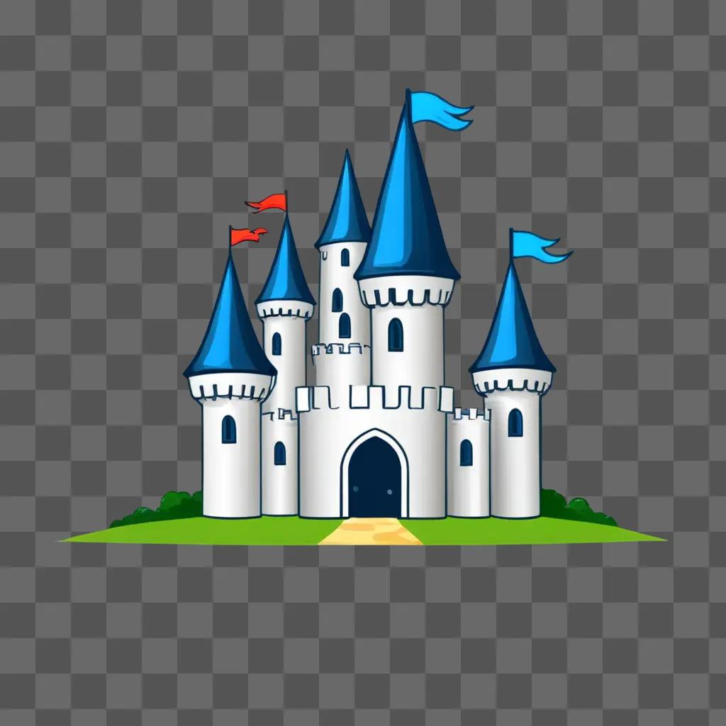 Cute drawing of a white castle with blue flags