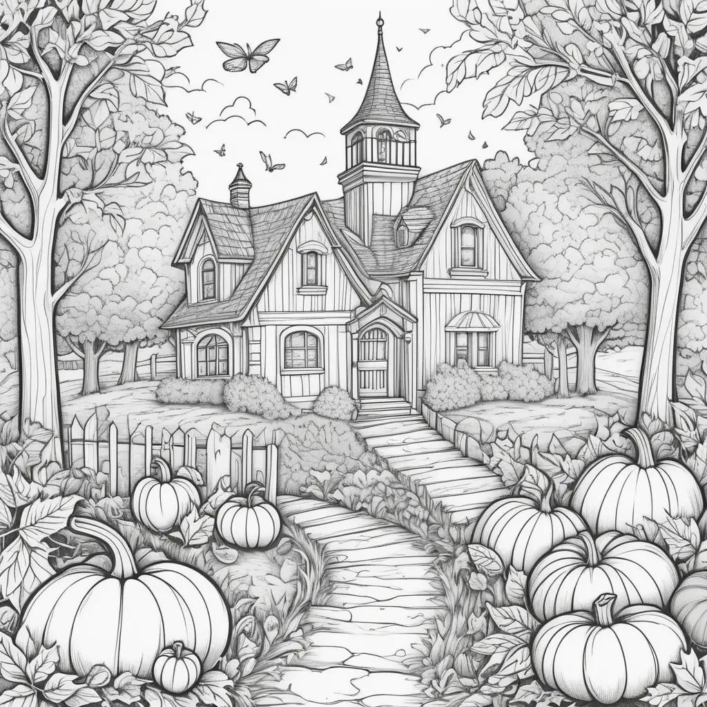 Cute fall coloring pages with a cute house and pumpkins