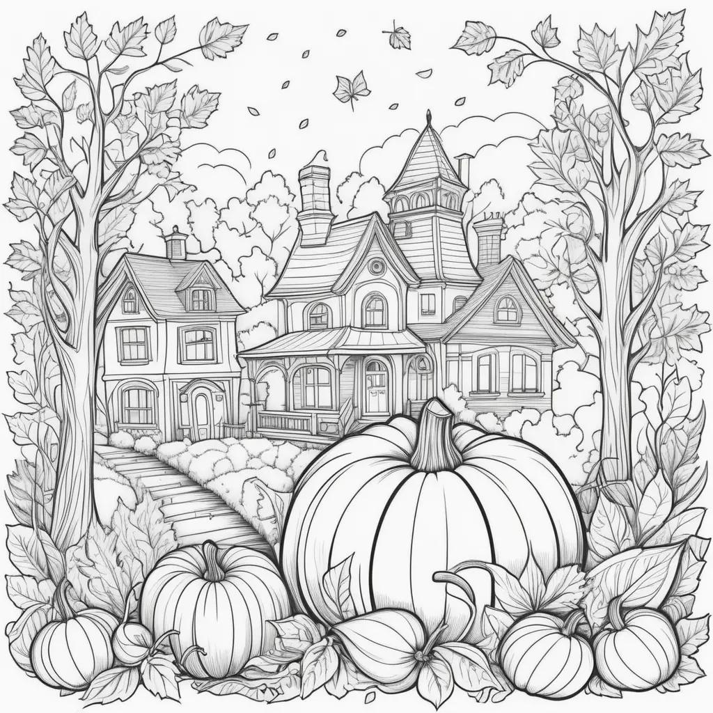 Cute fall coloring pages with a house and pumpkins