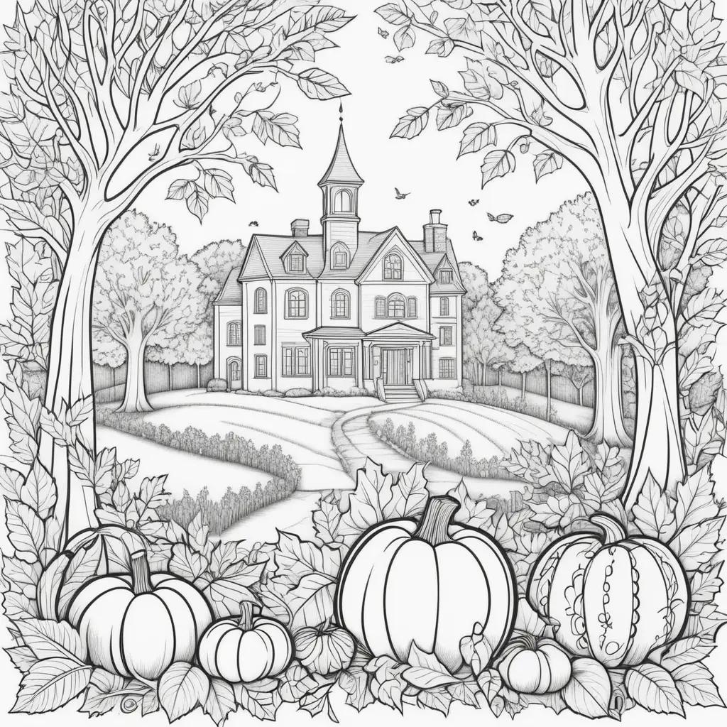 Cute fall coloring pages with pumpkins and a house