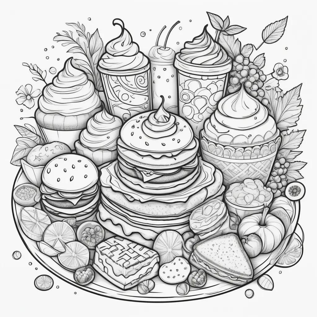 アイスクリーム、パンケーキ、カップケーキが特徴のかわいい食品ぬりえページ