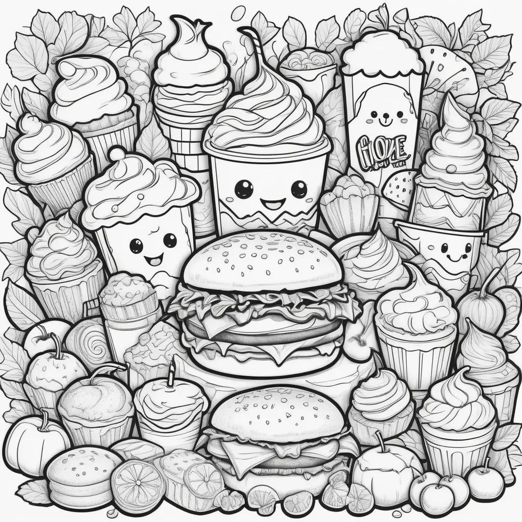 漫画のハンバーガーとカップケーキのかわいい食品ぬりえページ