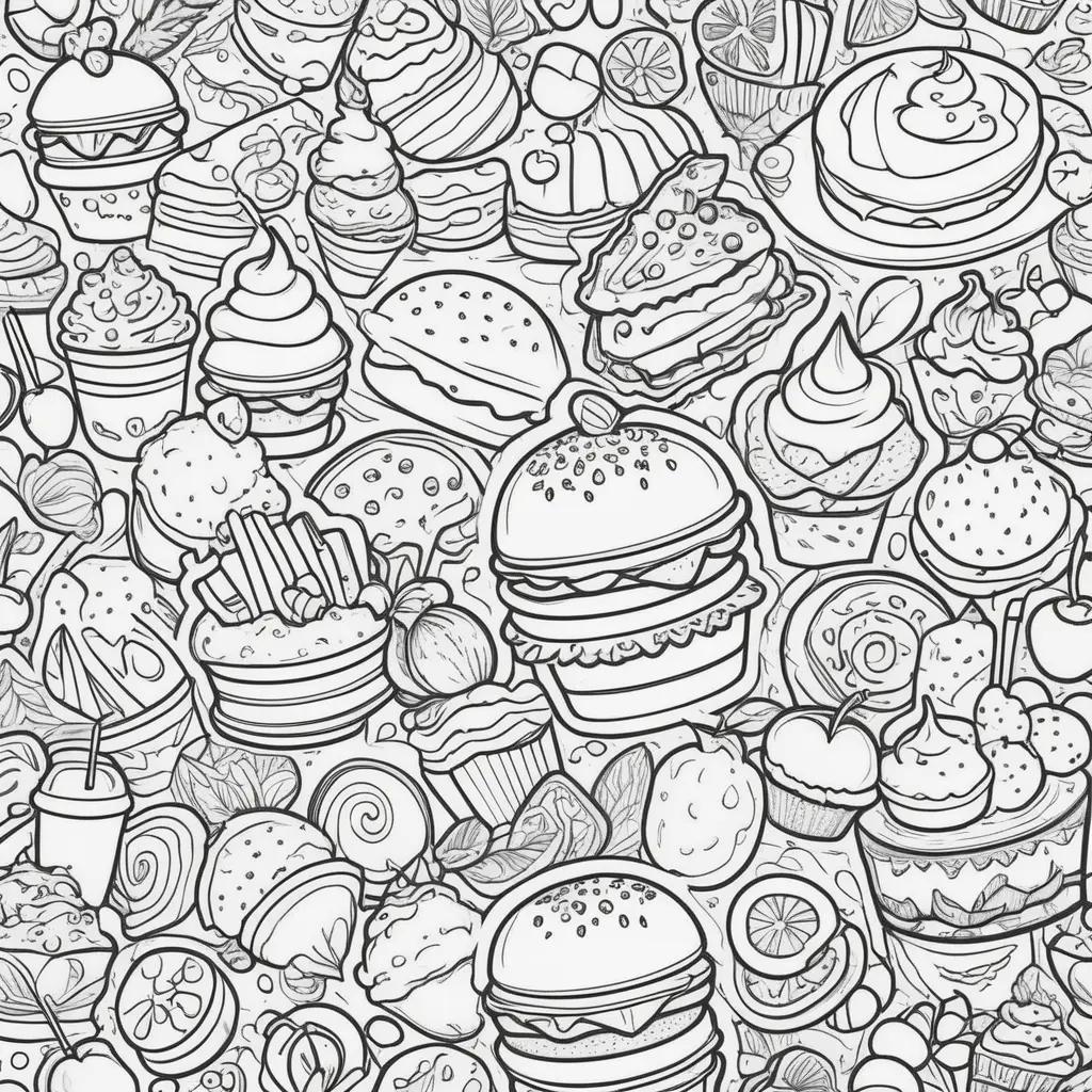 ハンバーガー、フライドポテト、カップケーキの絵が描かれたかわいい食品ぬりえページ