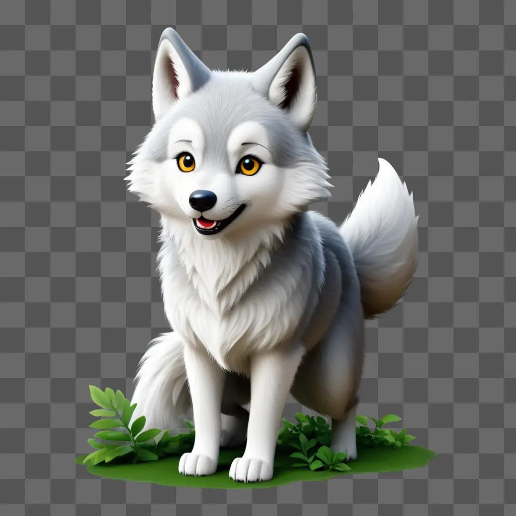 Cute grey wolf with yellow eyes and bushy tail