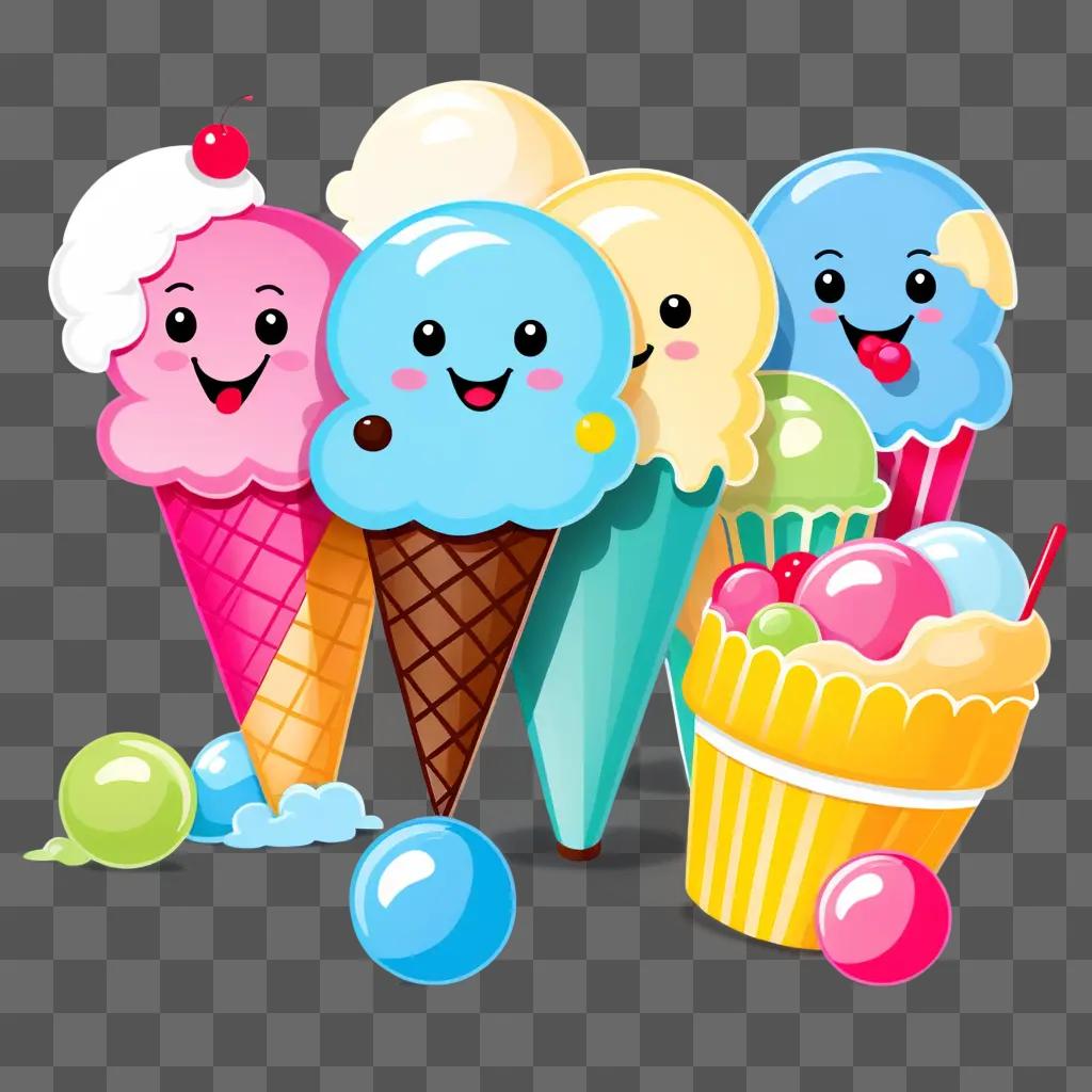 Cute ice cream clipart with smiling faces