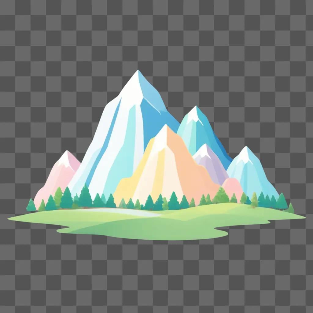 Cute kawaii mountain drawing with pine trees and snow